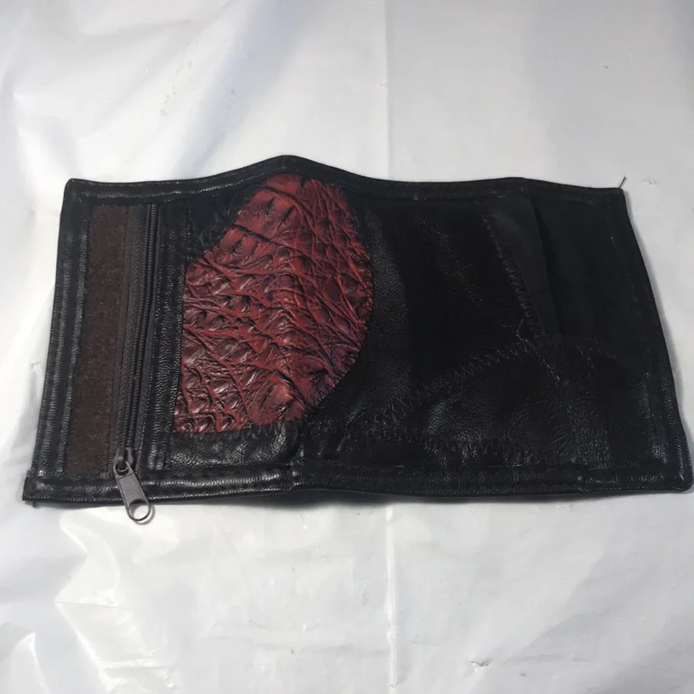 Vintage Ox Blood and Brown Patchwork Reptile Print Leather Biker Western Wallet